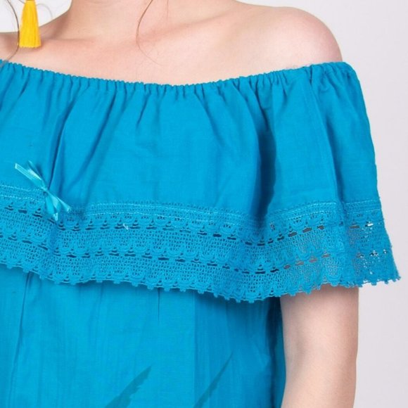 Mexican Off The Shoulder Blouse Solid Turquoise - Picture 3 of 6